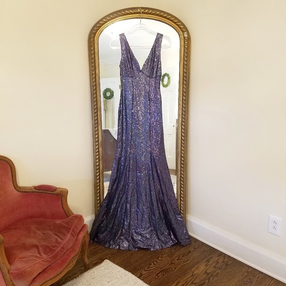 Floor length navy rainbow sequin maxi fishtail dress - Picture 2 of 6